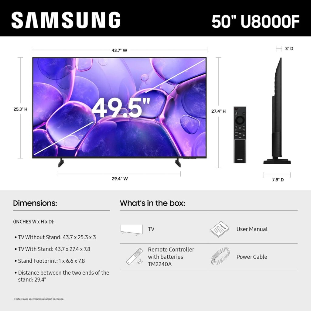 Samsung 55-Inch Class Crystal UHD U8000F 4K Smart TV (2025 Model) Endless Free Content, Crystal Processor 4K, MetalStream Design, Knox Security, Compatible with Alexa